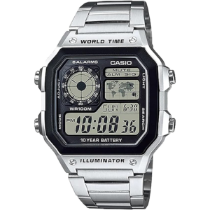 Casio AE-1200WHD-1AV 5 Alarms Digital World Time Men's Watch Silver